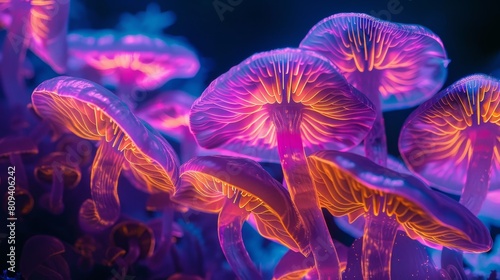 Close-up of glowing purple mushrooms radiating pink and orange lights, set against a pitch-black background for a magical neon effect