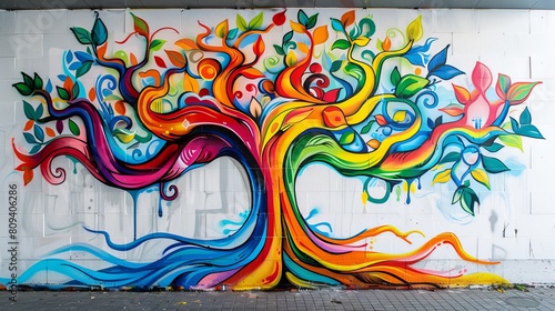 Detailed graffiti tree mural on a wall  colorful branches and foliage under studio lighting  set against a clean  isolated background