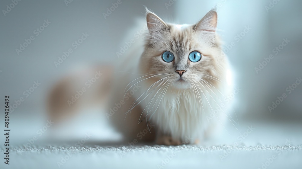 A fluffy Birman cat standing peacefully, its long fur and blue eyes exuding tranquility against a clean white canvas. 