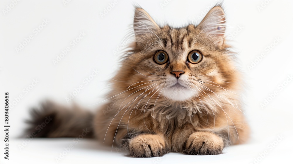 A cute Persian cat standing comfortably, its fluffy coat and sweet expression against a blank white backdrop. Generative AI