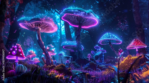Enigmatic neon mushrooms in a dark, mystical forest, lighting up the night with vivid neon colors, evoking a wonderland design