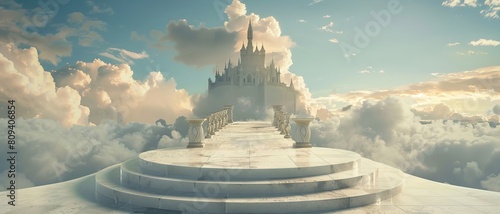 Podium background Calm, clear sky with fluffy white clouds. Open, empty landscape. Peaceful solitude in nature. Showcase for the presentation of products.