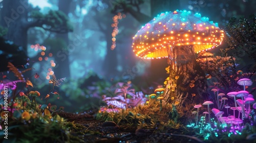 Fantasy-like mystical mushroom with neon glow, surrounded by vibrant, glowing plants, illuminating an enchanted forest