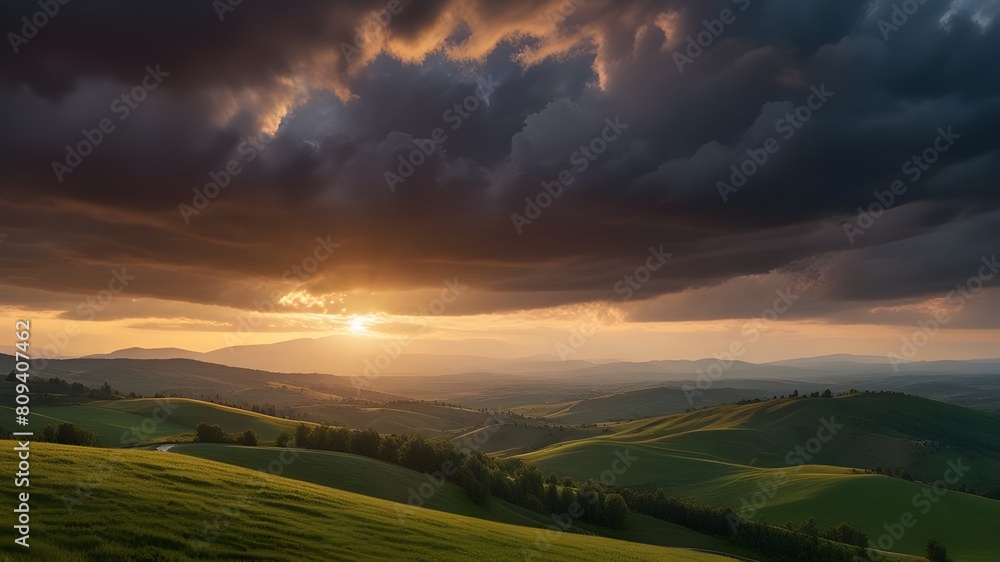 Obraz premium panorama of mountainous countryside at sunset. country road through rolling hills in to the distance. heavy clouds over the ridge. beams of lite from the heaven. beautiful and mysterious landscape