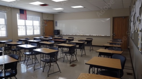 Rows of desks and chairs fill the classroom  creating an environment conducive to concentration and academic achievement.