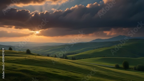 panorama of mountainous countryside at sunset. country road through rolling hills in to the distance. heavy clouds over the ridge. beams of lite from the heaven. beautiful and mysterious landscape 