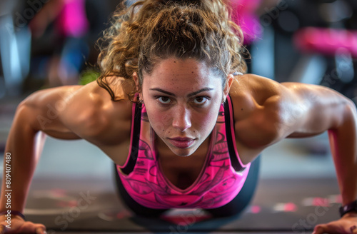 an attractive young woman doing pushups in the gym  wearing black leggings and pink tank top  focus on her face showing determination