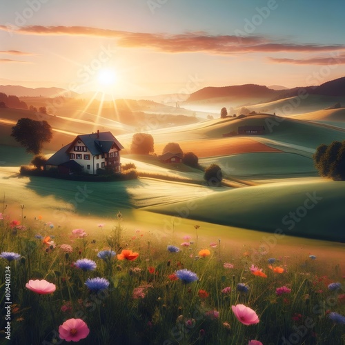 Tranquil countryside sunrise: Rolling hills, flower fields, quaint farmhouse