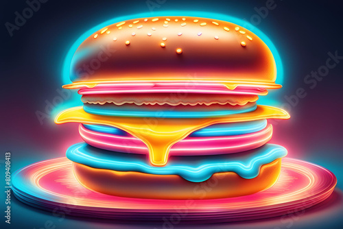 Hamburger made of neon light and metallic oily melted gold and silver instead of cheese, burger of meat, in cyan yellow and pink neon light black surrounding seen from below