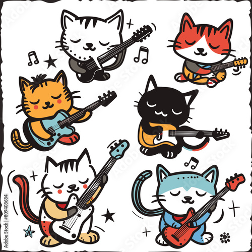 Six cartoon cats playing guitars, musical notes surrounding them, cute feline band. Cats strum electric acoustic guitars, multicolored instruments, happy expressions. Handdrawn style, colorful