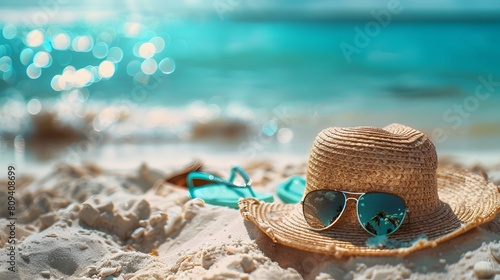 A straw hat, sunglasses and green flipflops lie on the white sand of an exotic beach with blue water in front of it. Sunlight highlights the textures of each object. 