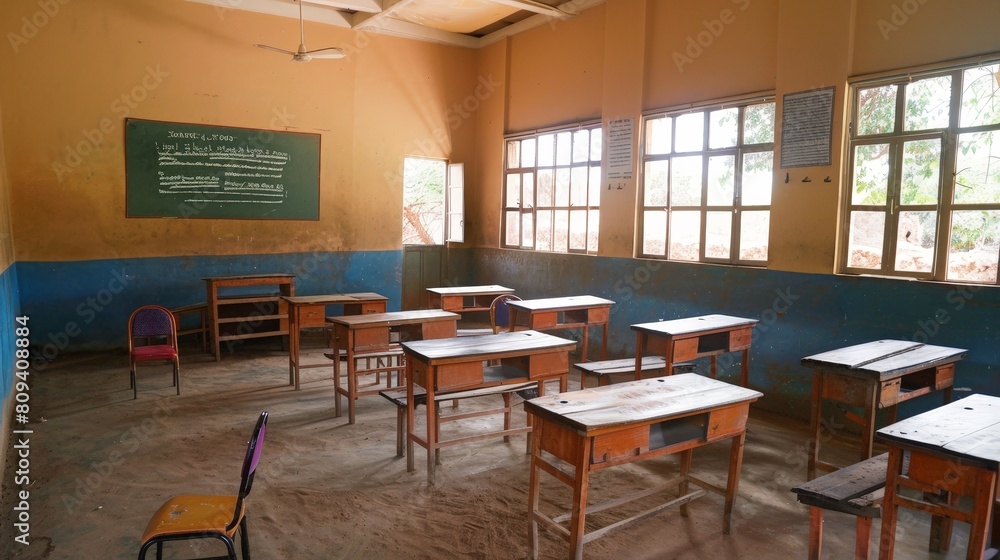 The classroom is arranged with precision, desks neatly aligned and chairs tucked in, ready to welcome the students for another day of education.