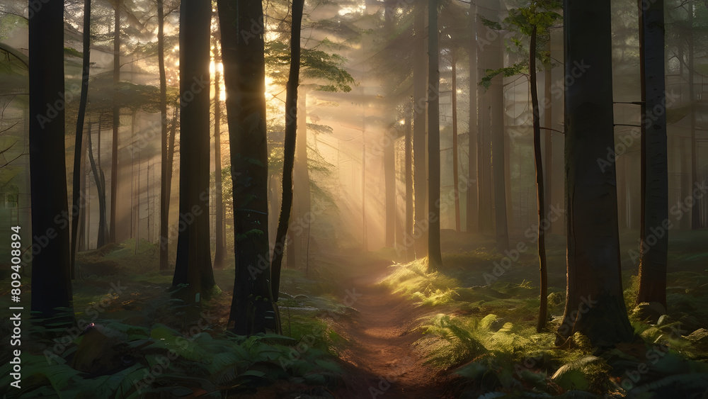 Obraz premium Embracing the Serene Beauty of Nature's Awakening with the Soft Glow of Sunshine with a Dirt Path.