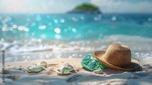 A straw hat  sunglasses and green flipflops lie on the white sand of an exotic beach with blue water in front of it. Sunlight highlights the textures of each object. 