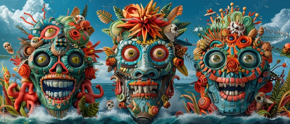Clay sculptures depicted in a lively 3D render, bursting with color and energy as they emerge from the earth in celebration of a green day theme. Clay sculptures depicted in a lively 3D render, bursting with color and energy as they emerge from the earth in celebration of a green day theme.