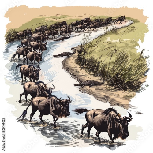 image of a herd of wildebeests crossing a meandering river in the heart of the savannah  © Sor