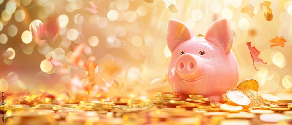 A pig is sitting on a pile of gold coins. A pig is sitting on a pile of gold coins.