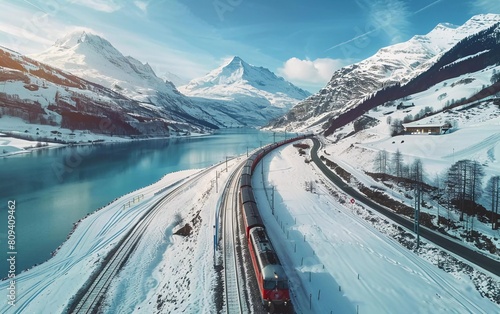 Aerial view of Train passing famous mountain in Filisur, Switzerland. express train in snowy winter landscape of Swiss Alps, very beautiful view © Harjo