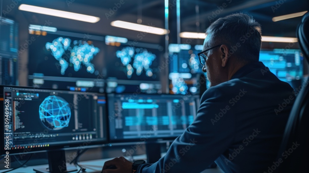 A man is sitting in front of a computer monitor security network. A man is sitting in front of a computer monitor security network.