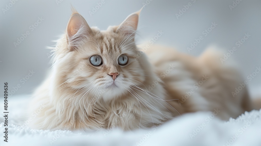 A Turkish Angora cat, with its long silky fur and tufted ears, sitting regally against a pure white background. Generative AI 
