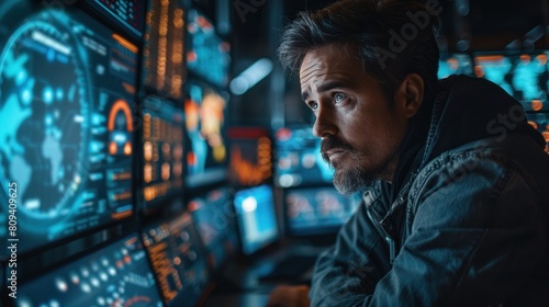 A man is sitting in front of a computer monitor security network. © Dusit