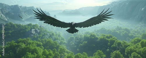 A black vulture circling high above a forested valley, searching for carrion below photo
