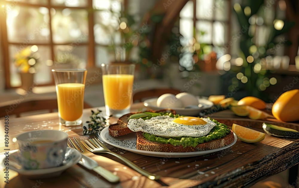A breakfast table set with whole grain toast, avocado spread, poached eggs, and fresh orange juice A breakfast table set with whole grain toast, avocado spread, poached eggs, and fresh orange juice