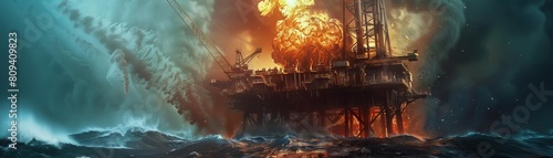 Shocking scene of an offshore oil rig midexplosion, intense fire engulfing the structure with ocean waves crashing around photo