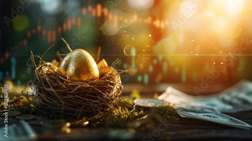 A nest with a golden egg in it sits on a wooden table. The table is covered with a stack of dollar bills photo