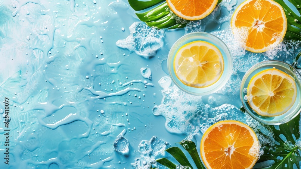 A blue background with a bunch of fruit including oranges, lemons. A blue background with a bunch of fruit including oranges, lemons.