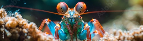 A fascinating mantis shrimp peeking out from its burrow, displaying its vibrant colors photo