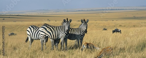 A family of zebras grazing together on the open plains  with wildebeest and gazelles in the background