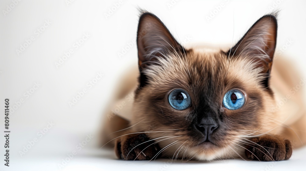 A Tonkinese cat, with its pointed coat and expressive eyes, looking confident against a pure white background. Generative AI A Tonkinese cat, with its pointed coat and expressive eyes, looking confident against a pure white background. Generative AI
