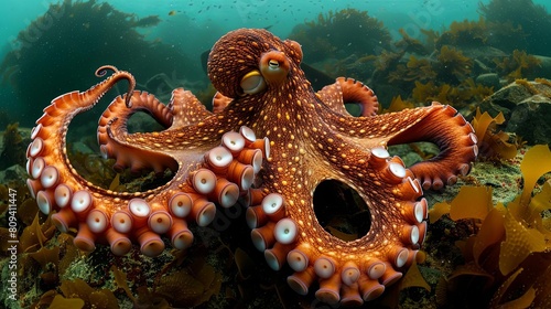 A giant Pacific octopus with its tentacles outstretched  exploring the rocky seabed