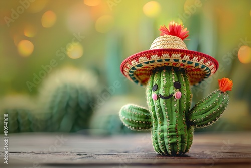 An illustration of a cute cactus wearing a Mexican hat against a clean and vibrant background with a big space for text for Chinco De Mio, Generative AI.