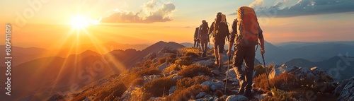A group of people hiking up a mountain trail together, reaching the summit as the sun sets