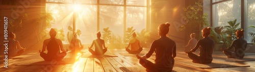 A group of people practicing mindful breathing exercises in a sunlit room during a guided meditation class photo