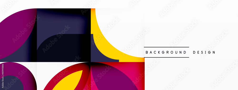 A vibrant orange font stands out on a white background adorned with colorful circles and squares in shades of magenta, electric blue, and patterned art A vibrant orange font stands out on a white background adorned with colorful circles and squares in shades of magenta, electric blue, and patterned art