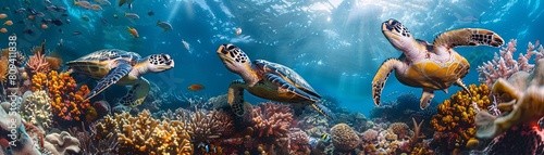 A group of sea turtles grazing on seagrass beds near a colorful coral reef teeming with marine life