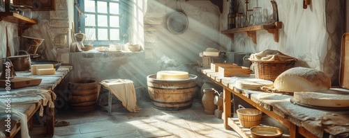 An oldfashioned dairy production scene, illustrating the process of making cheese and butter in a traditional farm kitchen with wooden tools and natural light photo