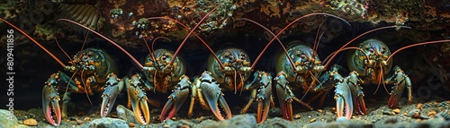 A group of spiny lobsters hiding under a rocky overhang, with their antennae protruding outwards