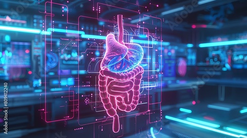 Detailed 3D rendering of the human digestive anatomy with small and large intestines highlighted in neon blue, against a hightech medical background photo