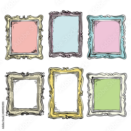 Hand drawn ornate frames colorful set, vintage decorative borders, classic elegant frame collection. Six various frame designs artistic sketch, colorful gallery wall decor, empty frames. Colored