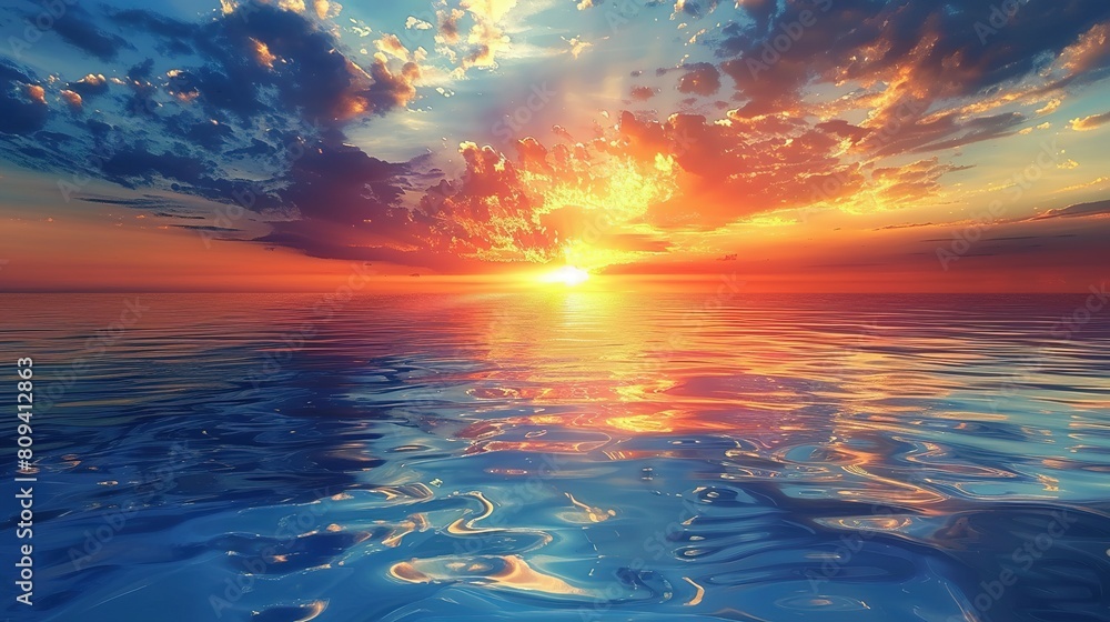 A Tranquil Waterscape Serves as a Canvas for a Breathtaking Sunset, Painting the Sky with Hues of Fire and Gold A Tranquil Waterscape Serves as a Canvas for a Breathtaking Sunset, Painting the Sky with Hues of Fire and Gold
