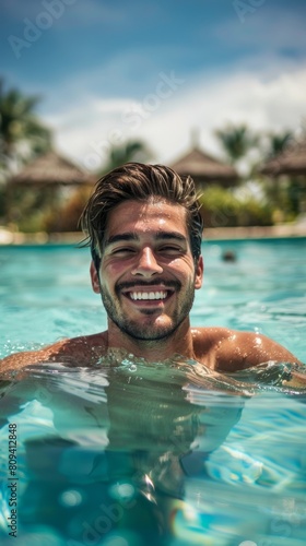 Joyful young man swimming in pool © Denys