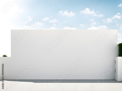 A standalone villa with a blue sky and white clouds background, white walls with a modern artistic design sense, used for product display, leaving space for text, high-end and luxurious lifestyle