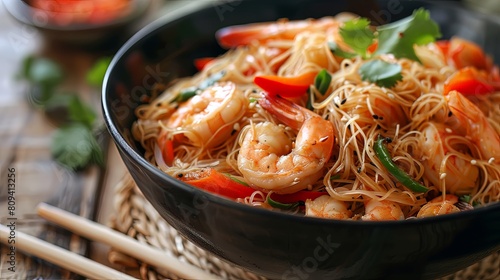 Asian Culinary Delight: A delicious serving of shrimp and vermicelli stir-fry, a gourmet feast for seafood lovers.