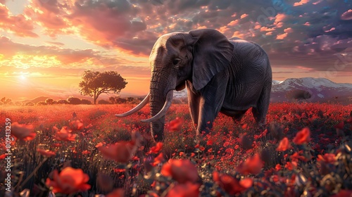 A digital art of Asian elephant in a beautiful sunset photo