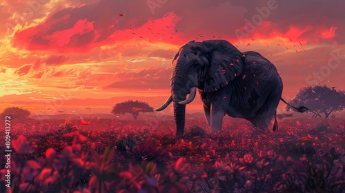 A digital art of Asian elephant in a beautiful sunset photo