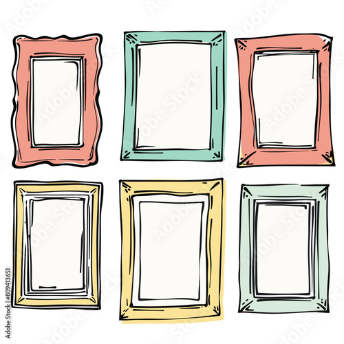 Handdrawn picture frames set six, varying colors doodle styles. Illustrated frames gallery wall, artistic sketches. Home decor, artwork display, multicolored frame sketches